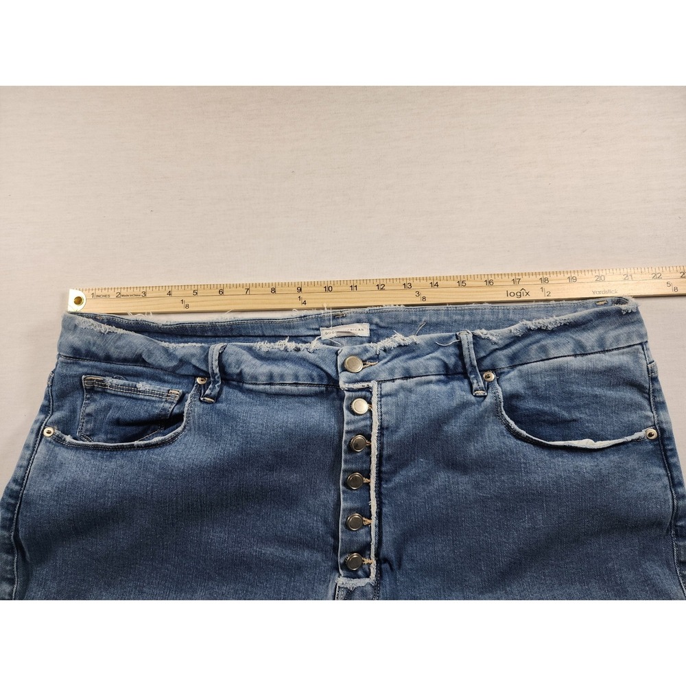 Good American Good Legs Flare Jeans Blue Button Fly Raw Hem Boho Chic Size 24 - Picture 4 of 10